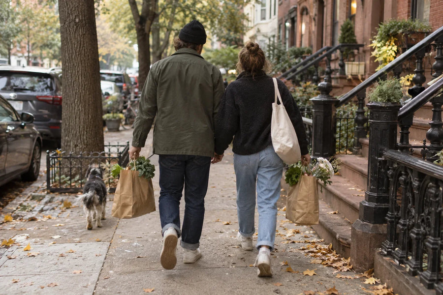 Illustrative candid scene of two partners carrying grocery bags on a neighborhood walk