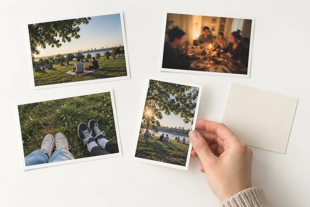 Loose everyday photo prints and a blank note arranged by hand on a light surface