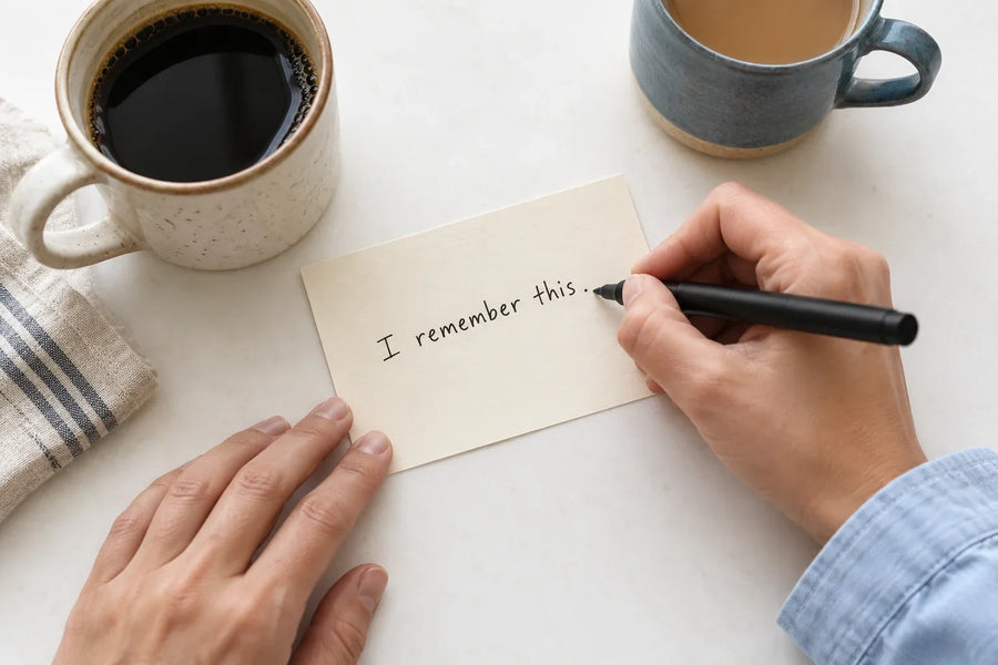 Illustrative close-up of a hand writing I remember this in black ink on a cream note