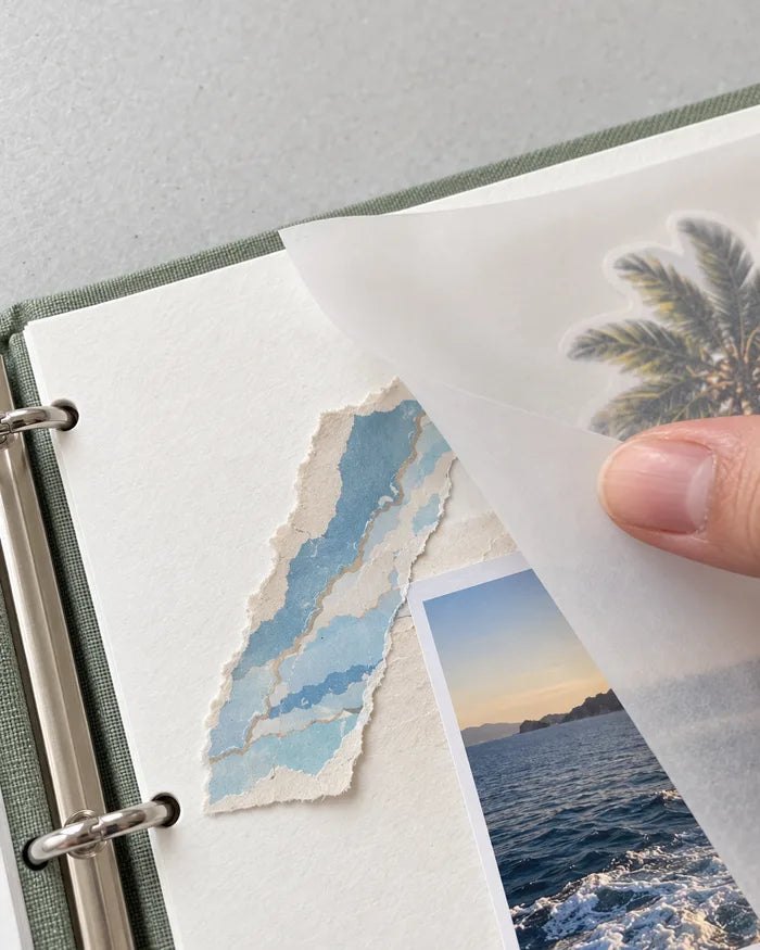 Layered paper and translucent sheet on an album page